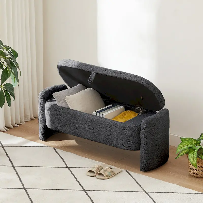 Banc coffre de rangement ovale en tissu polaire d'agneau 3D
