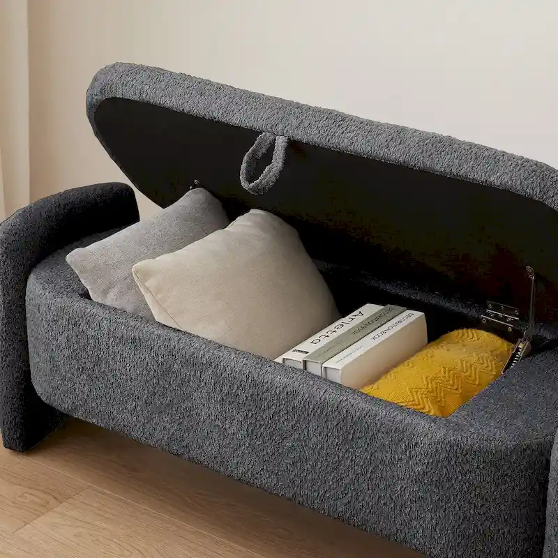 Banc coffre de rangement ovale en tissu polaire d'agneau 3D