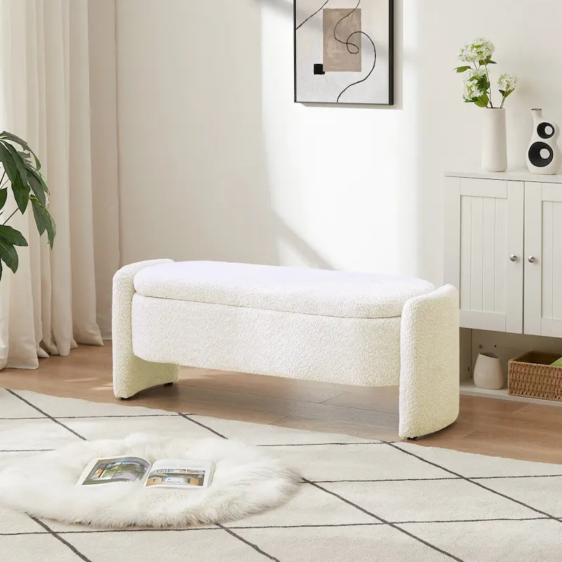 Banc coffre de rangement ovale en tissu polaire d'agneau 3D