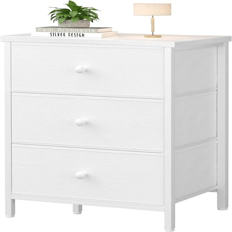 Table de chevet à 3 tiroirs en tissu avec façade en cuir