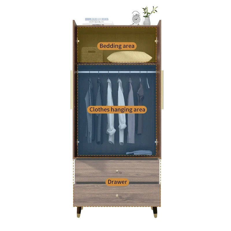 Armoire penderie en bois à 2 portes avec 2 tiroirs et étagère ouverte
