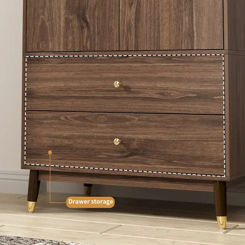 Armoire penderie en bois à 2 portes avec 2 tiroirs et étagère ouverte