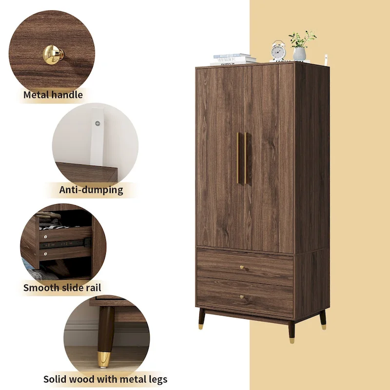 Armoire penderie en bois à 2 portes avec 2 tiroirs et étagère ouverte