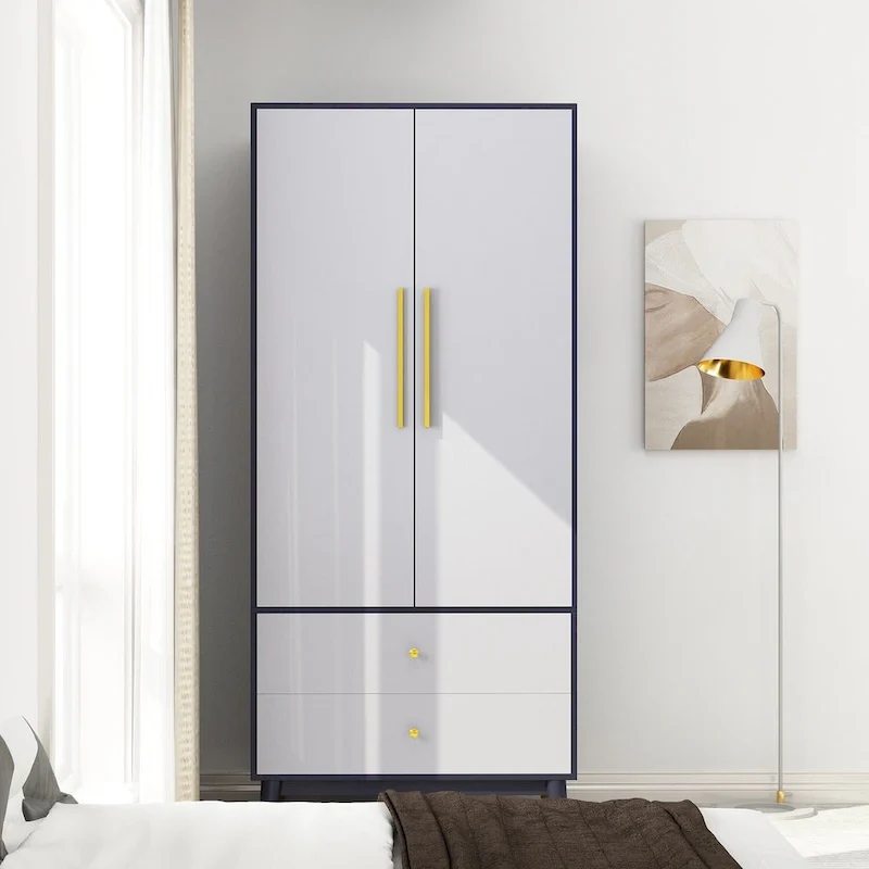 Armoire penderie en bois à 2 portes avec 2 tiroirs et étagère ouverte