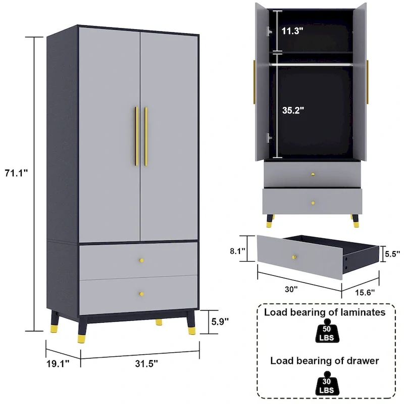 Armoire penderie en bois à 2 portes avec 2 tiroirs et étagère ouverte