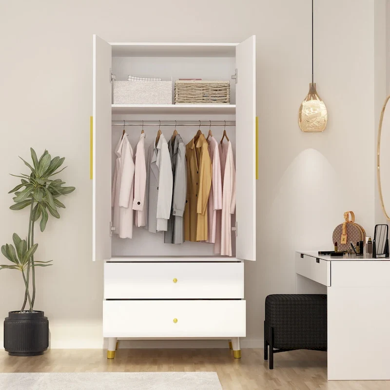 Armoire penderie en bois à 2 portes avec 2 tiroirs et étagère ouverte