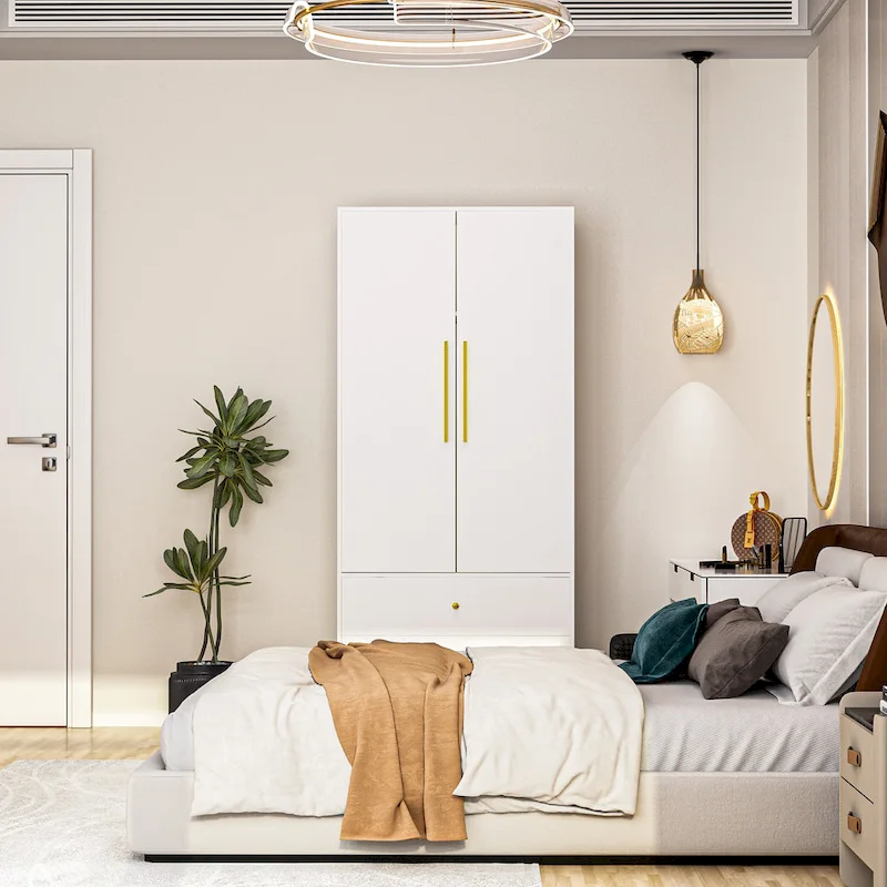 Armoire penderie en bois à 2 portes avec 2 tiroirs et étagère ouverte