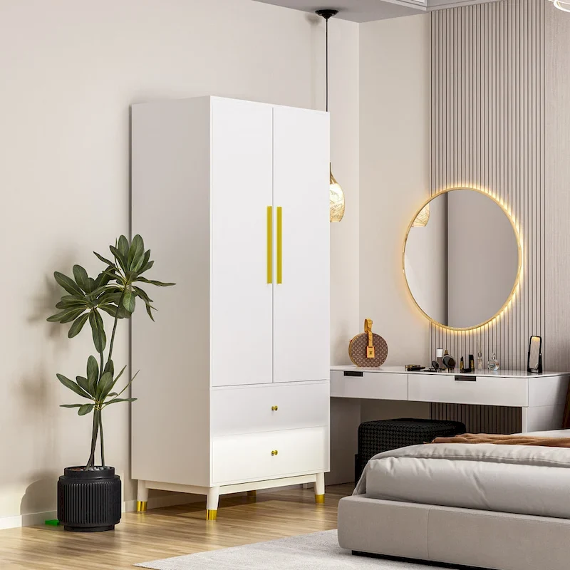Armoire penderie en bois à 2 portes avec 2 tiroirs et étagère ouverte