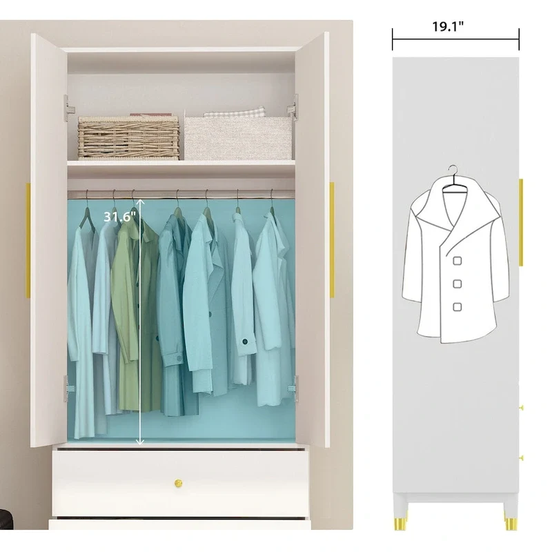 Armoire penderie en bois à 2 portes avec 2 tiroirs et étagère ouverte