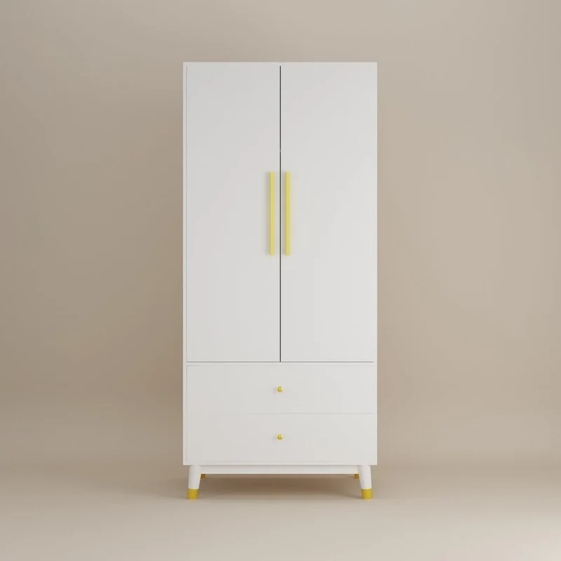 Armoire penderie en bois à 2 portes avec 2 tiroirs et étagère ouverte
