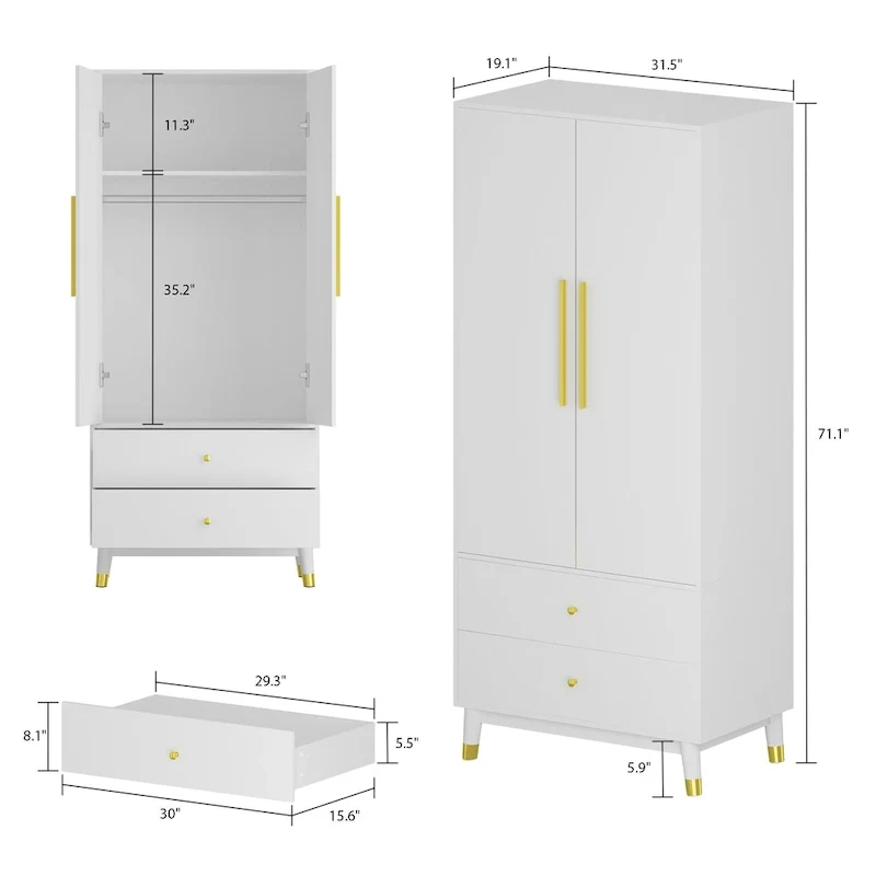 Armoire penderie en bois à 2 portes avec 2 tiroirs et étagère ouverte