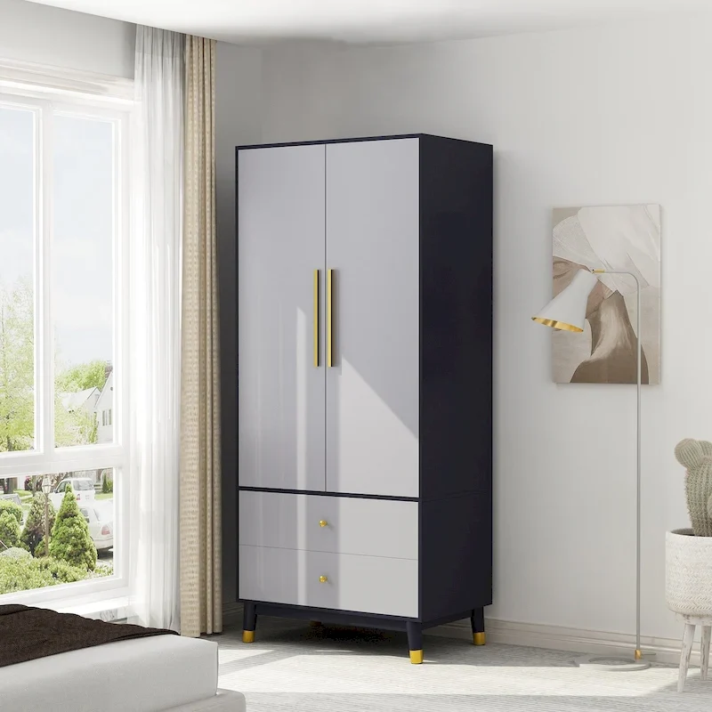Armoire penderie en bois à 2 portes avec 2 tiroirs et étagère ouverte