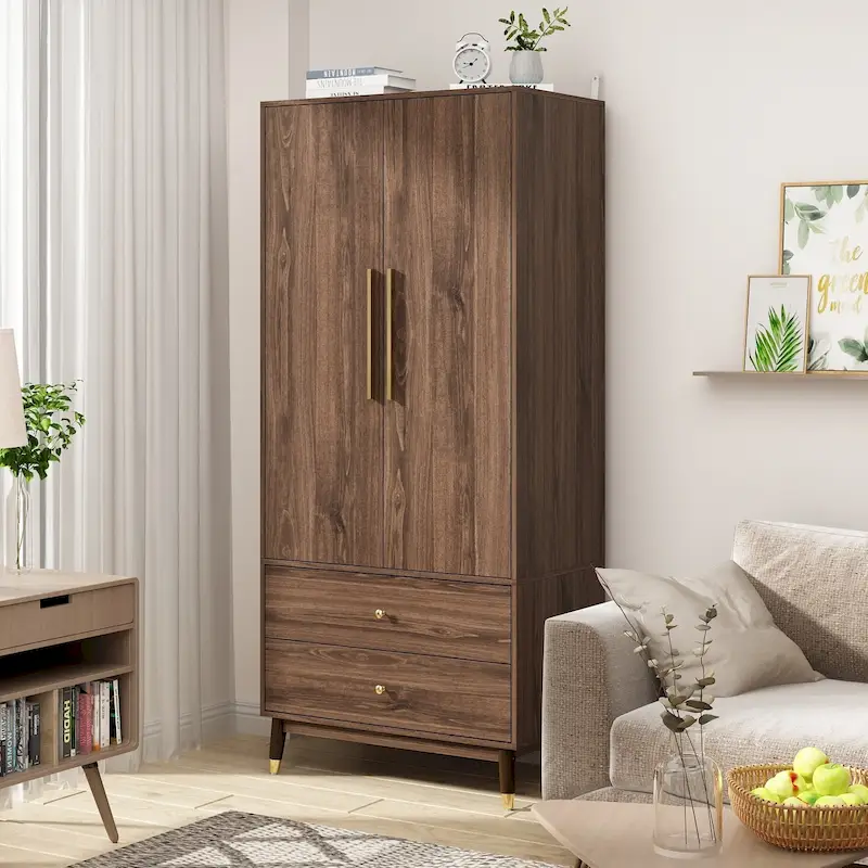 Armoire penderie en bois à 2 portes avec 2 tiroirs et étagère ouverte