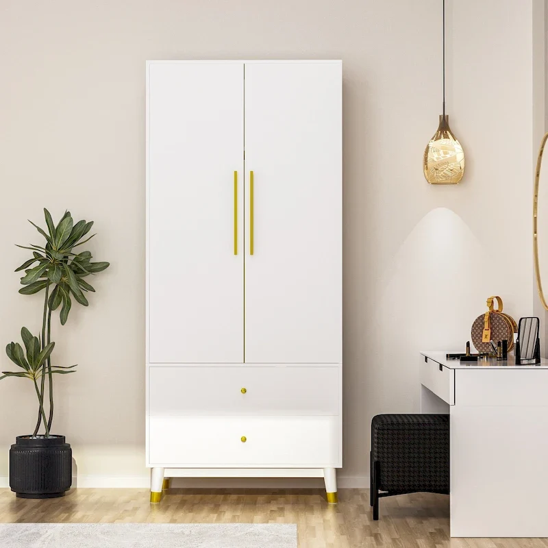 Armoire penderie en bois à 2 portes avec 2 tiroirs et étagère ouverte