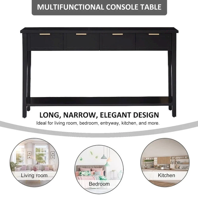 Console étroite avec tiroirs et étagère