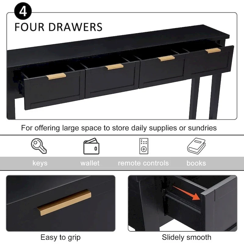 Console étroite avec tiroirs et étagère