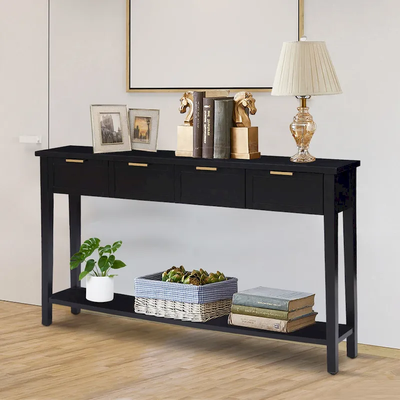 Console étroite avec tiroirs et étagère