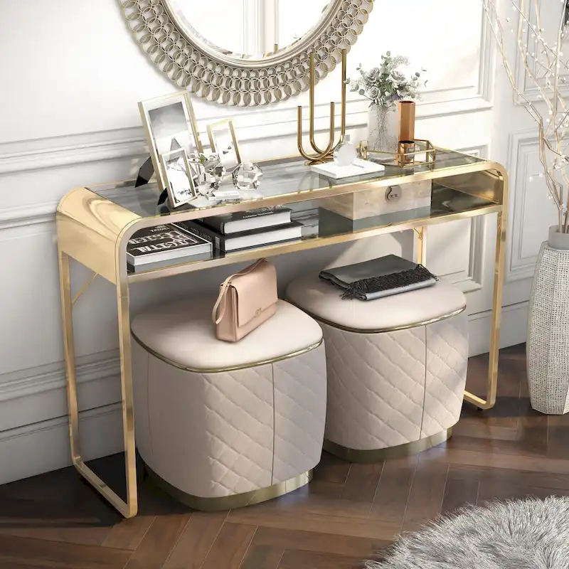 Console en verre avec étagère miroir