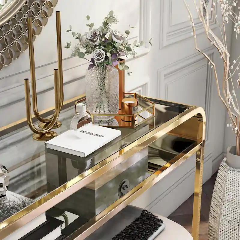 Console en verre avec étagère miroir