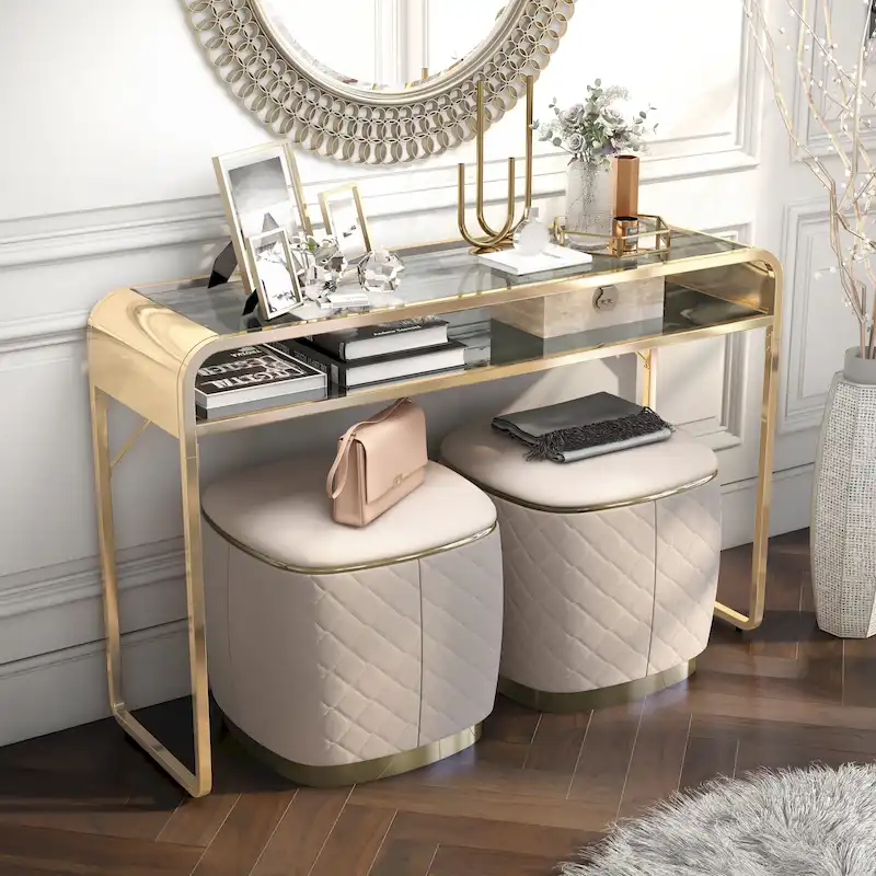 Console en verre avec étagère miroir