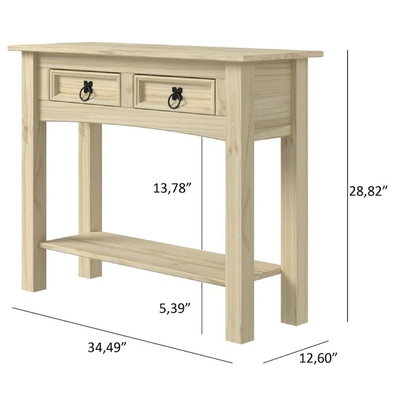 Console de couloir en bois de pin massif avec 2 tiroirs