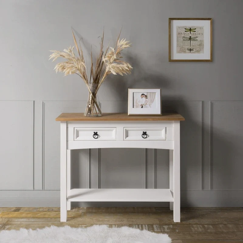 Console de couloir en bois de pin massif avec 2 tiroirs