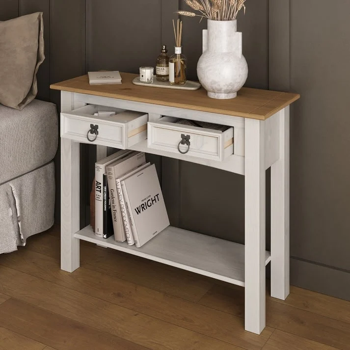 Console de couloir en bois de pin massif avec 2 tiroirs