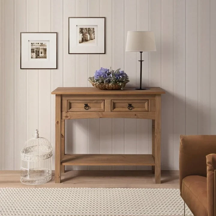 Console de couloir en bois de pin massif avec 2 tiroirs