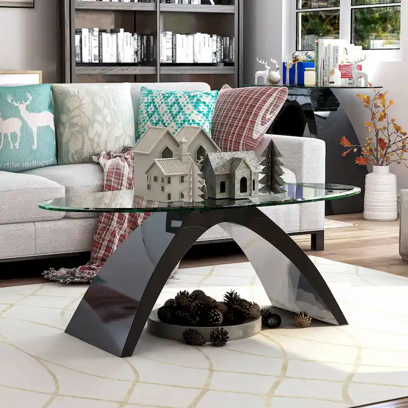 Table basse ovale à plateau en verre de 47 pouces avec base arquée très lustrée