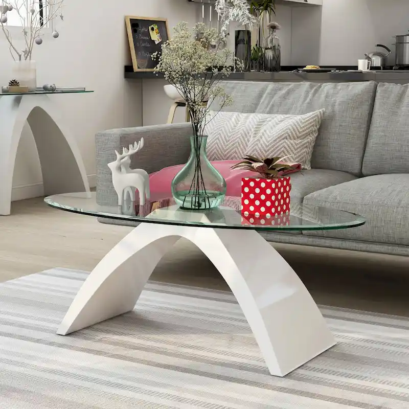 Table basse ovale à plateau en verre de 47 pouces avec base arquée très lustrée