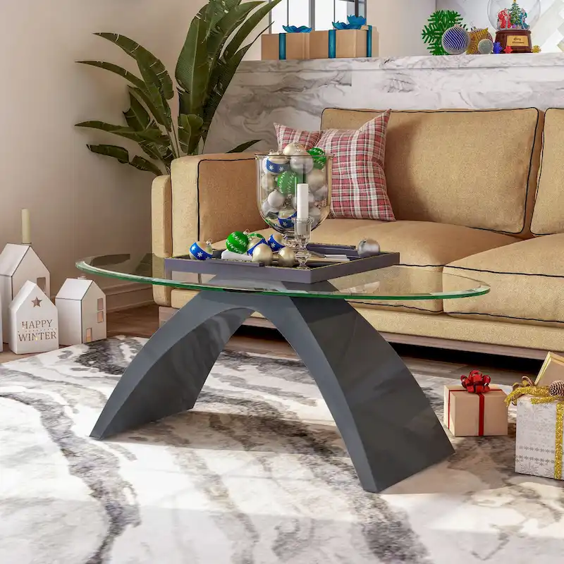 Table basse ovale à plateau en verre de 47 pouces avec base arquée très lustrée