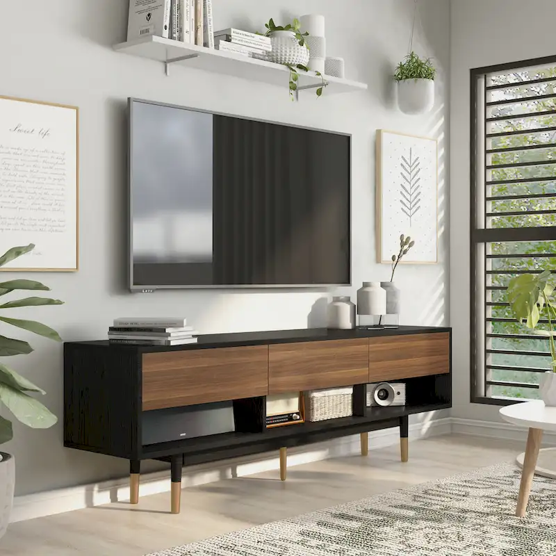 Console TV moderne du milieu du siècle de 71 po avec 3 tiroirs et des tablettes ouvertes