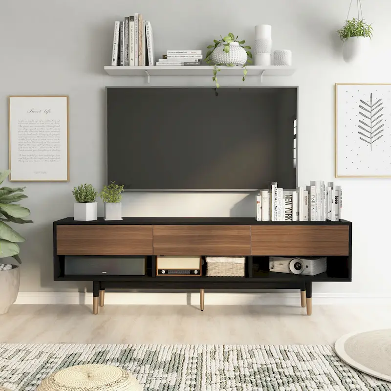 Console TV moderne du milieu du siècle de 71 po avec 3 tiroirs et des tablettes ouvertes