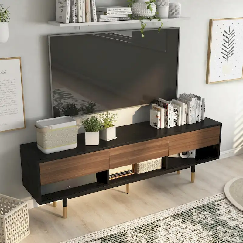 Console TV moderne du milieu du siècle de 71 po avec 3 tiroirs et des tablettes ouvertes