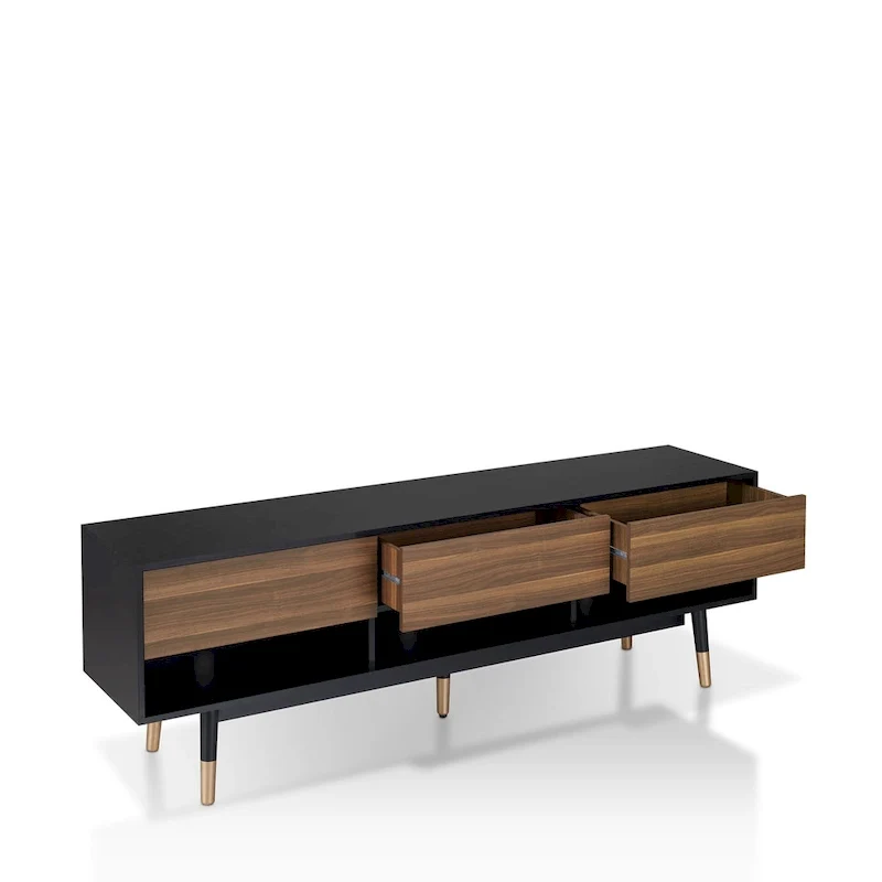 Console TV moderne du milieu du siècle de 71 po avec 3 tiroirs et des tablettes ouvertes