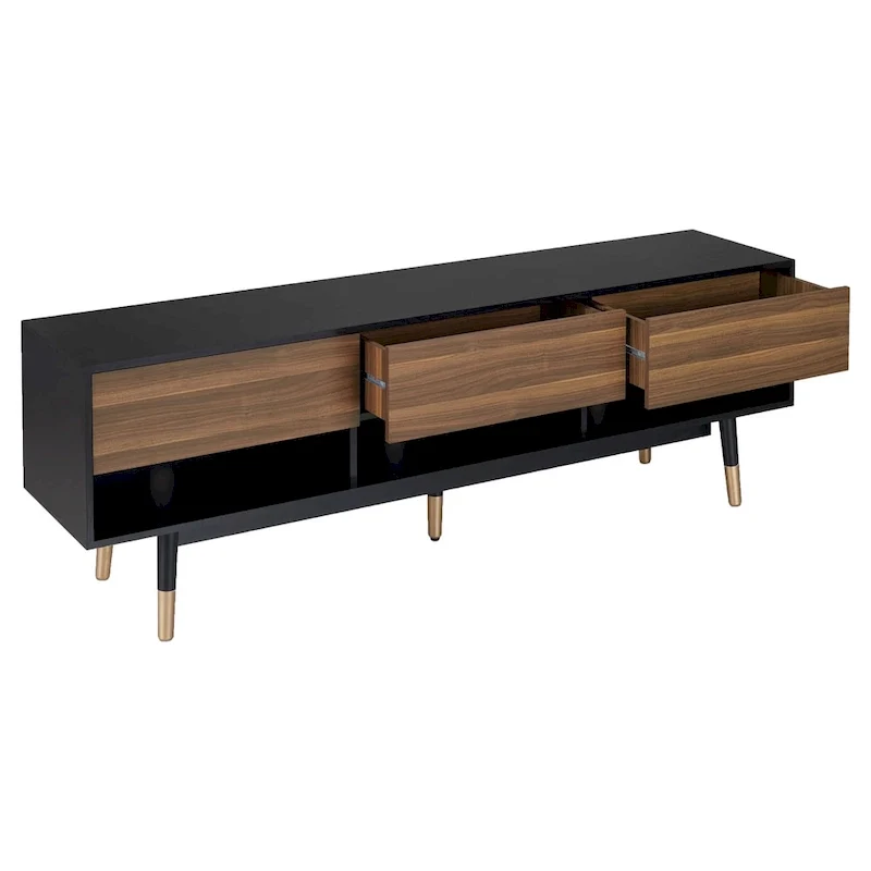 Console TV moderne du milieu du siècle de 71 po avec 3 tiroirs et des tablettes ouvertes
