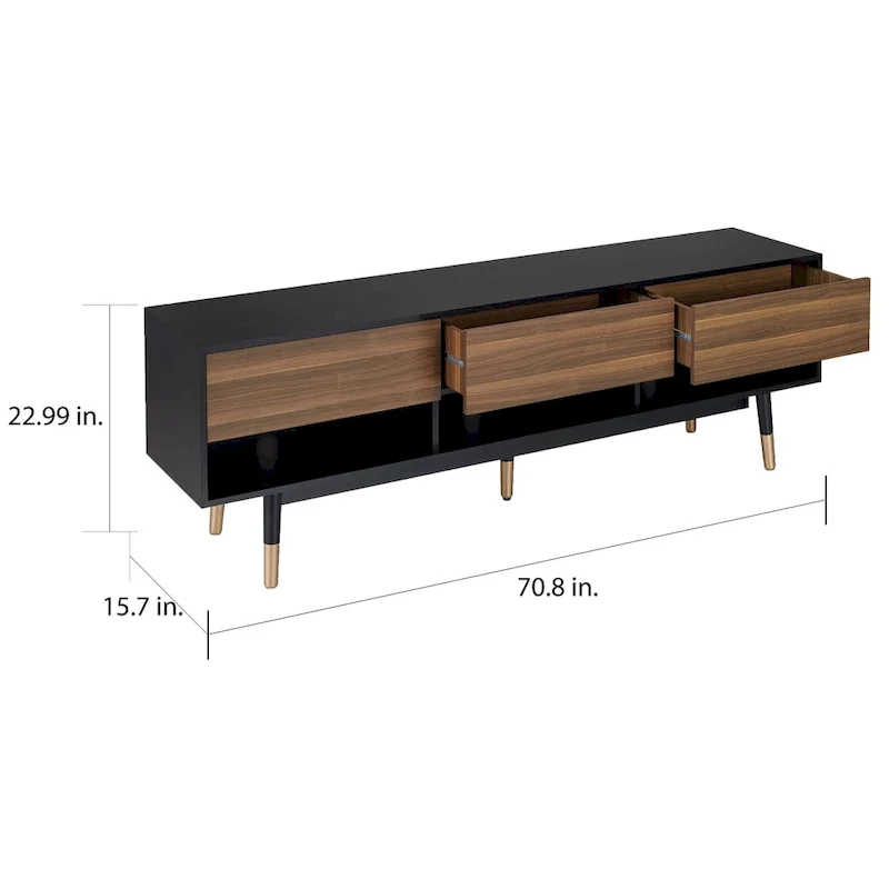 Console TV moderne du milieu du siècle de 71 po avec 3 tiroirs et des tablettes ouvertes