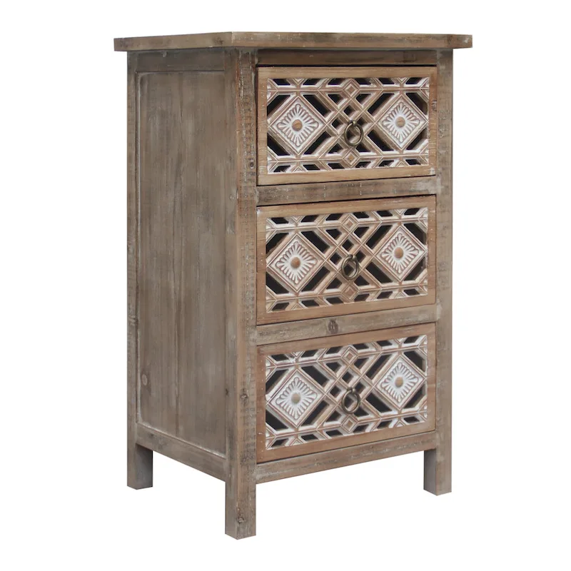 Table d'appoint vintage en bois sculpté à 3 tiroirs avec poignées en laiton