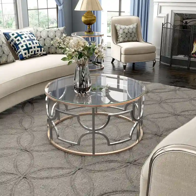 Table basse ronde en verre avec piétement chromé et doré