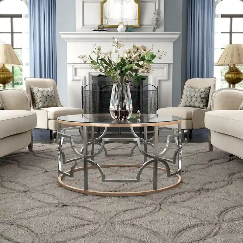 Table basse ronde en verre avec piétement chromé et doré