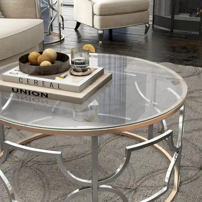 Table basse ronde en verre avec piétement chromé et doré