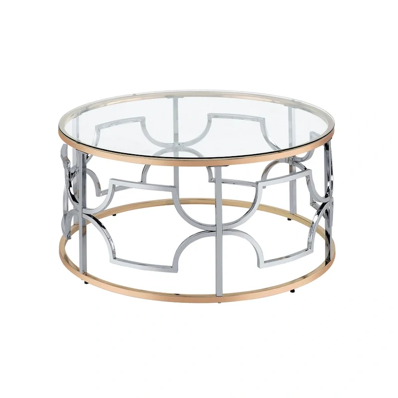 Table basse ronde en verre avec piétement chromé et doré