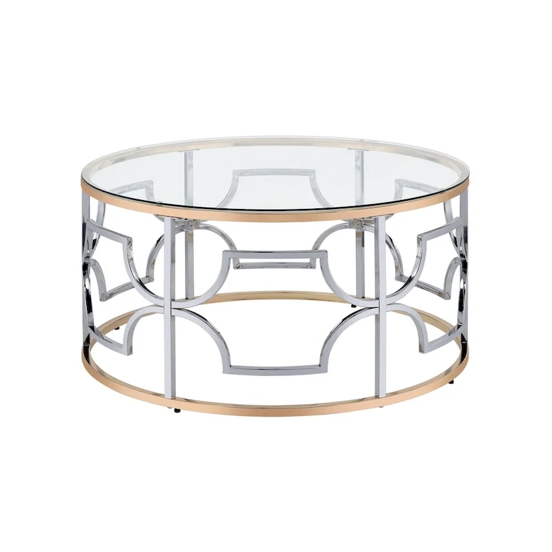 Table basse ronde en verre avec piétement chromé et doré