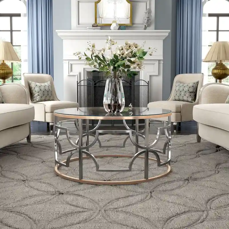Table basse ronde en verre avec piétement chromé et doré