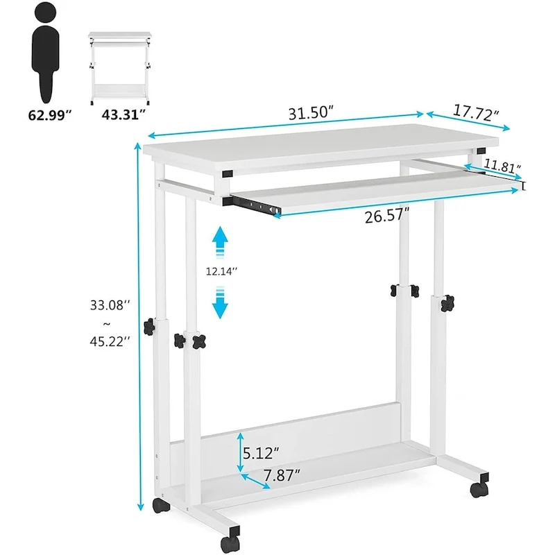 Bureau d'ordinateur portable portable réglable en hauteur avec plateau de clavier et roulettes