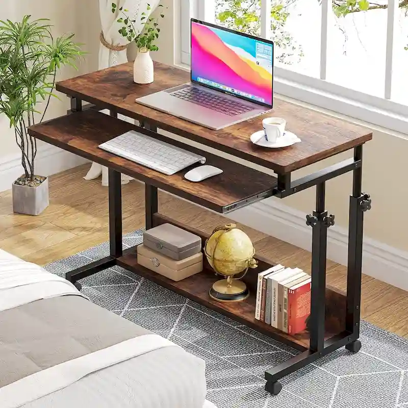 Bureau d'ordinateur portable portable réglable en hauteur avec plateau de clavier et roulettes