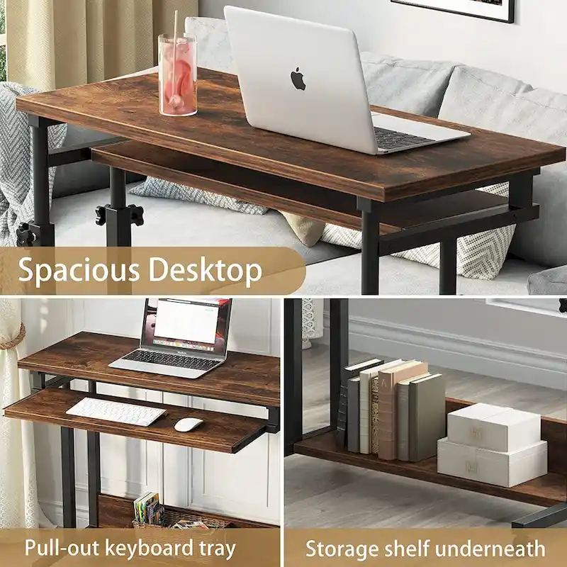 Bureau d'ordinateur portable portable réglable en hauteur avec plateau de clavier et roulettes