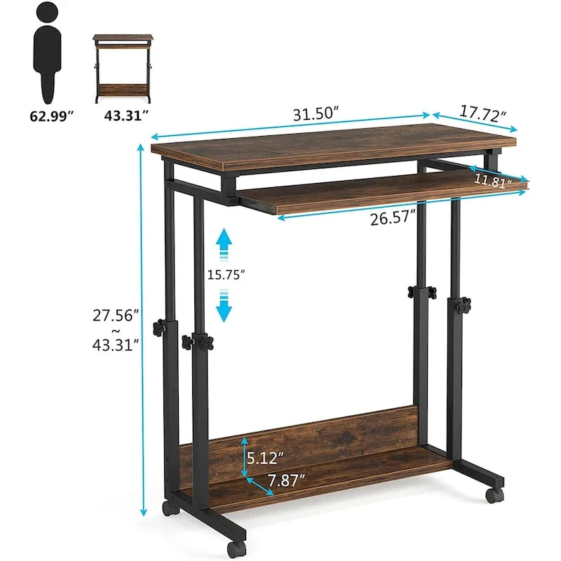 Bureau d'ordinateur portable portable réglable en hauteur avec plateau de clavier et roulettes