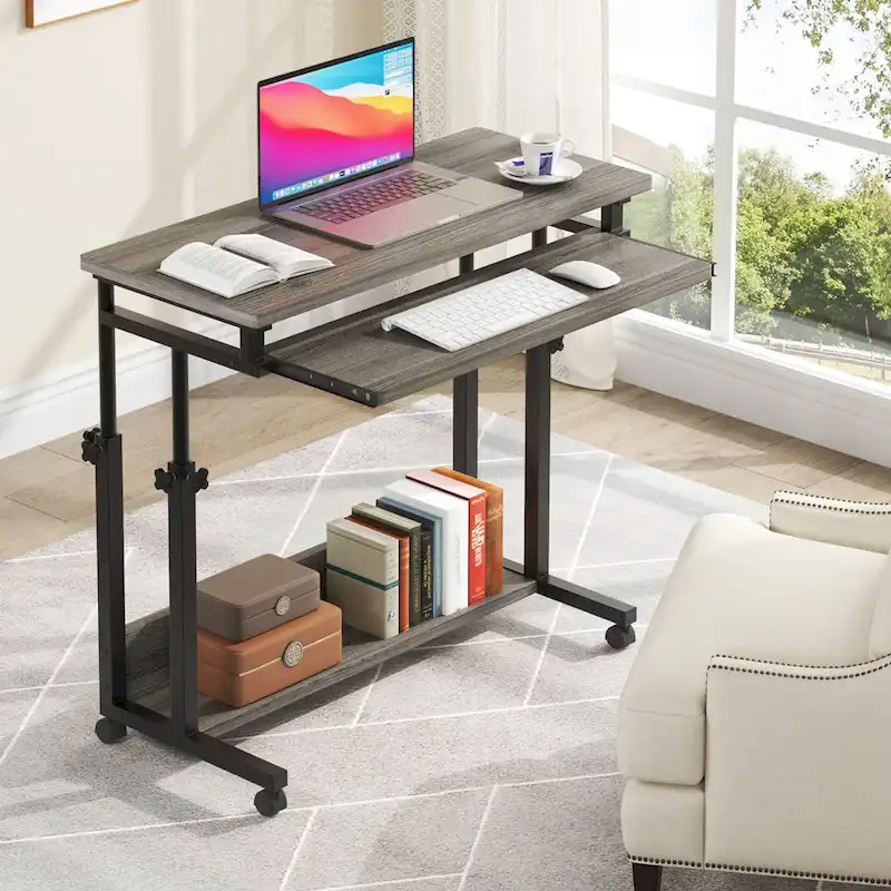 Bureau d'ordinateur portable portable réglable en hauteur avec plateau de clavier et roulettes