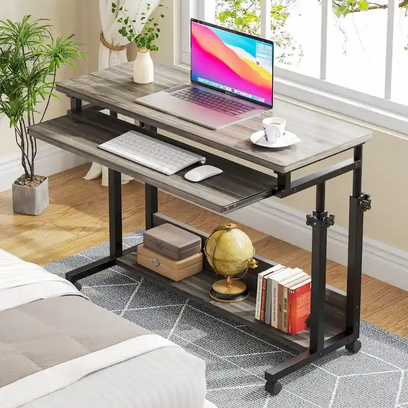 Bureau d'ordinateur portable portable réglable en hauteur avec plateau de clavier et roulettes